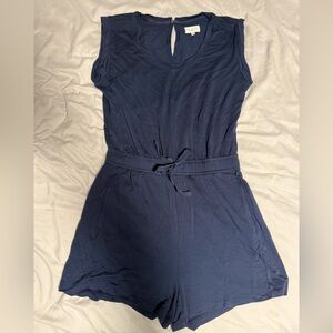 Lou & Grey Navy Capped Sleeve Knit Romper with Tie Waist